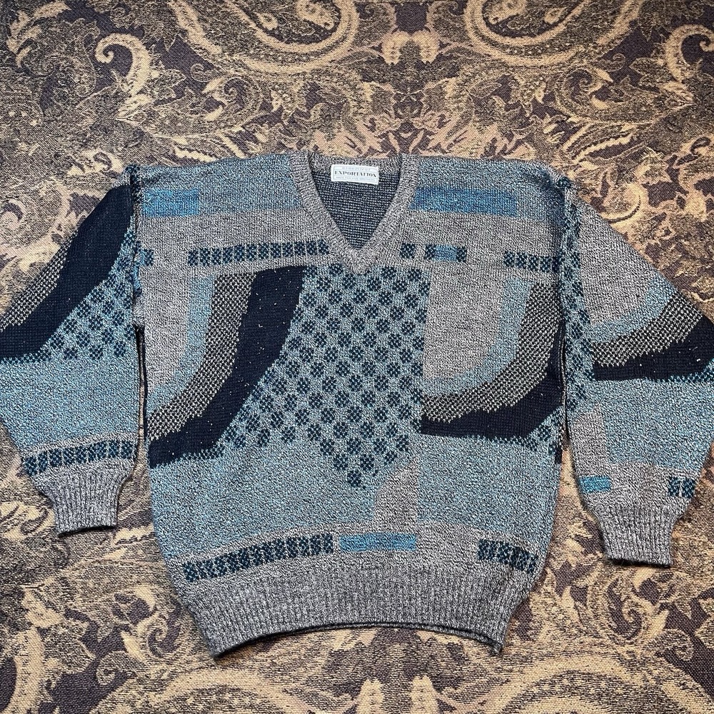 Vtg 80s Men's Exportation Colorful Abstract Pullover V Neck Size Small Acrylic
